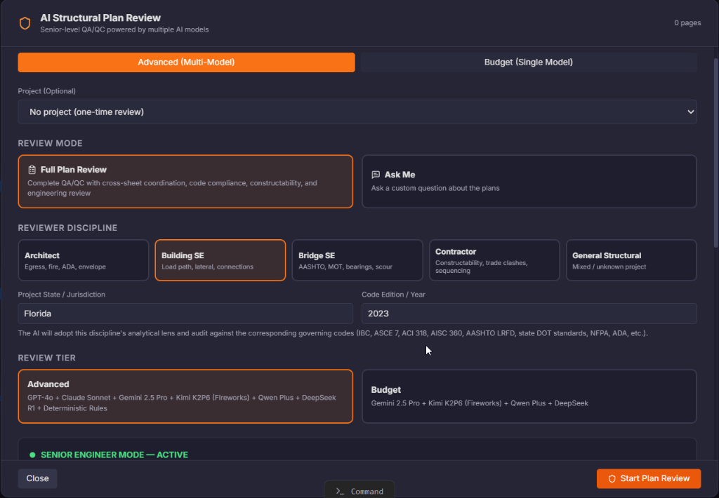 BlueprintsPDF AI Plan Review setup — select disciplines, code checks, and review options for your plan set